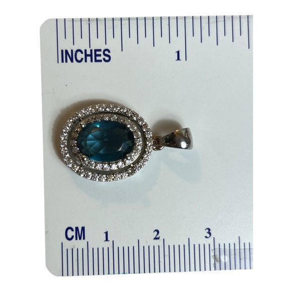 Sterling Silver Blue Topaz Colored Necklace Pendant Oval CZ Please Read Descript - Picture 4 of 7
